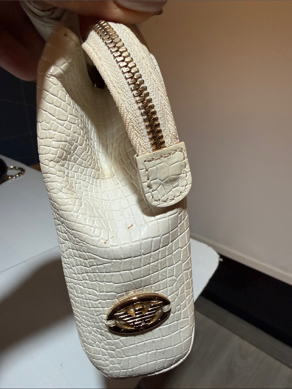 Emporio Armani Cream Croc-Embossed Wristlet with Gold Hardware